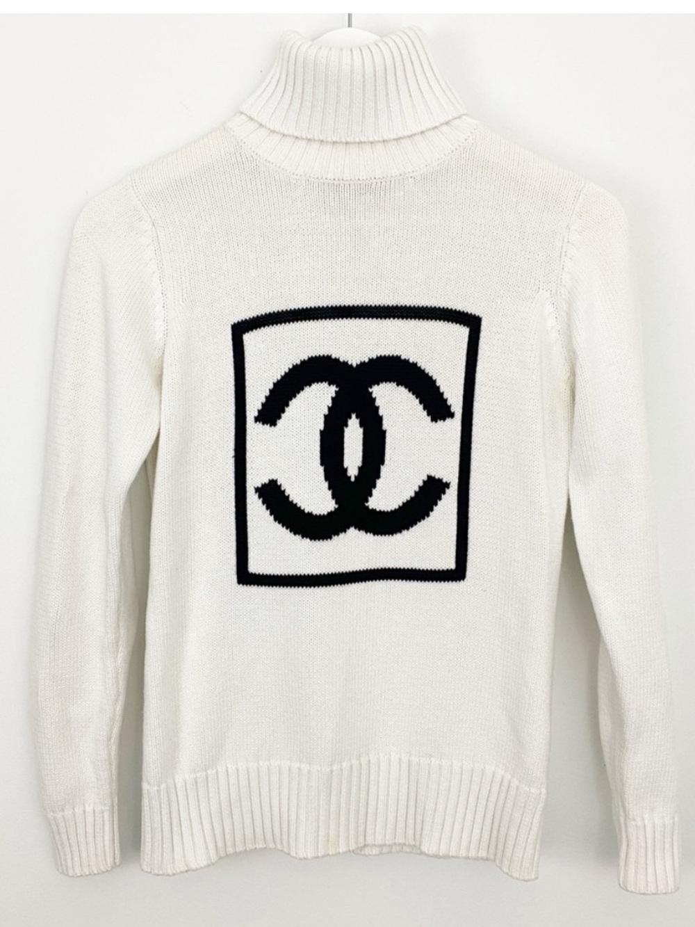 White Turtleneck Sweater with Black Logo Knit